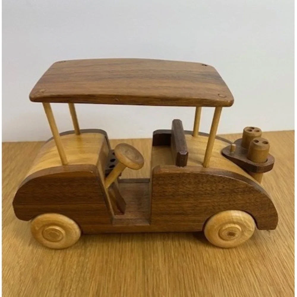 Arnold McLean Handcrafted Wooden Golf Cart Model‎ Brown Excellent Signed Art